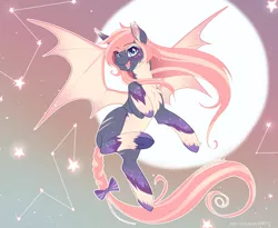 Size: 1289x1055 | Tagged: safe, artist:kyattsu, derpibooru import, oc, unofficial characters only, bat pony, pony, bat pony oc, bat wings, bow, braided tail, chest fluff, colored hooves, commission, constellation, ear fluff, fangs, female, fluffy, flying, full moon, heart, looking at you, mare, moon, open mouth, signature, sky, smiling, solo, spread wings, stars, tail bow, underhoof, unshorn fetlocks, windswept mane, wings, ych result