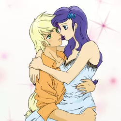 Size: 1000x1000 | Tagged: safe, artist:eulicious, derpibooru import, applejack, rarity, human, blushing, clothes, dress, embrace, female, fingernails, hug, humanized, lesbian, looking at each other, nail polish, passionate, rarijack, shipping, simple background, sitting on lap, sparkles