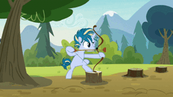 Size: 400x225 | Tagged: safe, derpibooru import, screencap, rumble, skeedaddle, pegasus, pony, marks and recreation, animated, archery, blank flanks forever, colt, gif, male