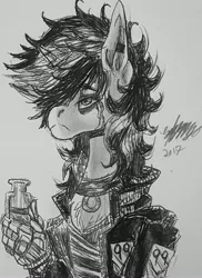 Size: 2622x3601 | Tagged: safe, artist:brainiac, derpibooru import, oc, oc:blackjack, unofficial characters only, cyborg, unicorn, fallout equestria, alcohol, art, black and white, chest fluff, clothes, collar, compact horn, crying, female, grayscale, hand, inktober, inktober 2017, mare, monochrome, patches, robot legs, robot limbs, screws, shirt, solo, text, traditional art, whiskey