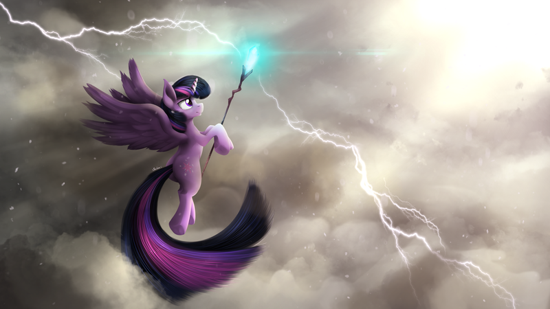 Size: 4000x2250 | Tagged: safe, artist:blackligerth, derpibooru import, twilight sparkle, twilight sparkle (alicorn), alicorn, pony, my little pony: the movie, cloud, female, lightning, mare, solo, staff, staff of sacanas, storm