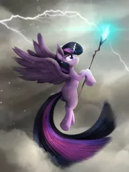 Size: 1688x2250 | Tagged: safe, artist:blackligerth, derpibooru import, twilight sparkle, twilight sparkle (alicorn), alicorn, pony, my little pony: the movie, cloud, female, lightning, mare, solo, staff, staff of sacanas, storm