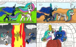 Size: 3287x2053 | Tagged: safe, artist:eternaljonathan, derpibooru import, princess celestia, princess luna, oc, oc:nemo, alicorn, pony, comic:a new twist, blizzard, comic, dessert, guardian, igloo, royal sisters, shade, snow, snowfall, traditional art, volcano