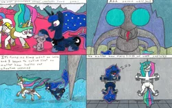 Size: 3280x2061 | Tagged: safe, artist:eternaljonathan, derpibooru import, princess celestia, princess luna, alicorn, cat, insect, pony, comic:a new twist, captured, comic, female, giant insect, heart eyes, mare, monster, open mouth, sleeping, traditional art, wingding eyes, zzz