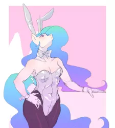 Size: 1347x1500 | Tagged: alicorn, anthro, artist:voyager, bowtie, breasts, bunny ears, bunnylestia, bunny suit, cleavage, clothes, cufflinks, cuffs (clothes), derpibooru import, female, leotard, mare, pantyhose, playboy bunny, princess celestia, safe, simple background, solo