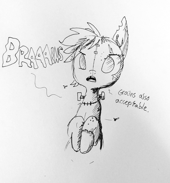 Size: 1296x1399 | Tagged: safe, artist:tjpones, derpibooru import, oc, unofficial characters only, earth pony, fly, pony, undead, worm, zombie, zombie pony, black and white, bust, dialogue, grayscale, inktober, monochrome, no pupils, solo, stitches, traditional art