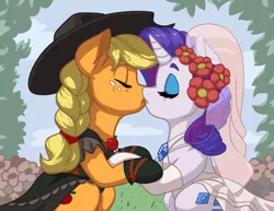 Size: 3300x2550 | Tagged: safe, artist:latecustomer, derpibooru import, applejack, rarity, earth pony, pony, unicorn, alternate hairstyle, clothes, cowboy hat, cute, dress, eyes closed, female, hat, jackabetes, kissing, lesbian, mare, marriage, raribetes, rarijack, shipping, stetson, wedding, wedding dress