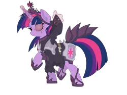 Size: 5440x4080 | Tagged: safe, artist:ncmares, artist:tyler611, color edit, derpibooru import, edit, twilight sparkle, alicorn, pony, unicorn, absurd resolution, clothes, colored, corrupted, element of magic, empress, evil, female, magic, mare, raised hoof, simple background, solo, transparent background