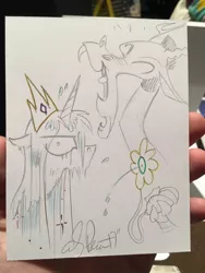 Size: 1536x2048 | Tagged: andy you magnificent bastard, artist:andypriceart, celestia is not amused, derpibooru import, discord, laughing, monochrome, princess celestia, safe, soaked, traditional art, unamused, wet mane