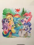 Size: 1536x2048 | Tagged: safe, artist:andypriceart, derpibooru import, applejack, fluttershy, pinkie pie, rainbow dash, rarity, tank, twilight sparkle, twilight sparkle (alicorn), alicorn, earth pony, pegasus, pony, turtle, unicorn, cowboy hat, female, goggles, hat, heart, male, mane six, mare, traditional art