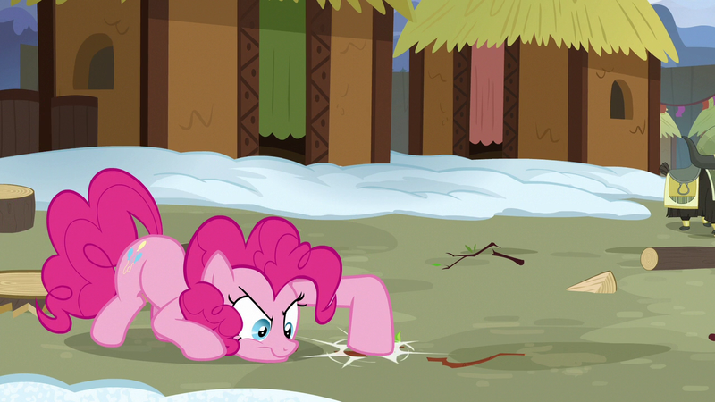 Size: 1280x720 | Tagged: safe, derpibooru import, screencap, pinkie pie, pony, yak, not asking for trouble, solo, solo focus, stomping, twig