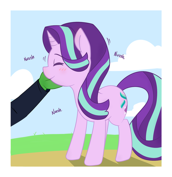 Size: 1280x1319 | Tagged: safe, artist:grim ponka, derpibooru import, starlight glimmer, oc, oc:anon, human, pony, unicorn, blushing, cloud, colored, cute, disembodied hand, eyes closed, female, glimmerbetes, hand, nuzzling, offscreen character, petting, smiling