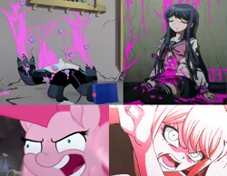 Size: 900x700 | Tagged: grimdark, derpibooru import, edit, edited screencap, screencap, pinkie pie, human, pony, my little pony: the movie, blood, crossover, cupcake, danganronpa, death, female, food, junko enoshima, knife, mare, murder, pink blood, sayaka maizono, storm guard