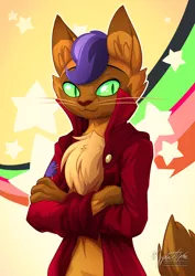 Size: 955x1351 | Tagged: abyssinian, anthro, artist:mysticalpha, capper dapperpaws, cat, clothes, crossed arms, derpibooru import, male, my little pony: the movie, safe, slit eyes, smiling, solo