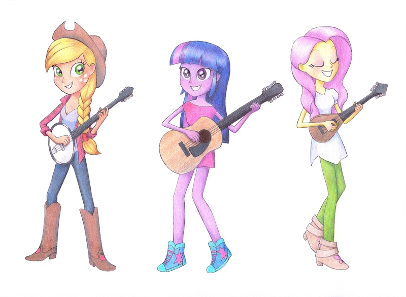 Size: 3475x2544 | Tagged: safe, artist:maran-zelde, derpibooru import, applejack, fluttershy, twilight sparkle, twilight sparkle (alicorn), equestria girls, acoustic guitar, banjo, boots, clothes, cowboy boots, cowboy hat, eyes closed, female, freckles, hat, high heel boots, mandolin, musical instrument, pants, shoes, simple background, sneakers, stetson, traditional art, white background