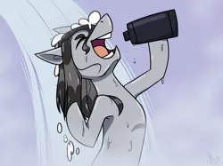 Size: 2732x2048 | Tagged: safe, artist:pixxpal, derpibooru import, oc, oc:leisure days, unofficial characters only, earth pony, pony, armpits, male, open mouth, shampoo, shower, singing, singing in the shower, solo, stallion, wet, wet mane