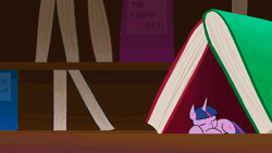 Size: 600x338 | Tagged: safe, artist:doublewbrothers, derpibooru import, pinkie pie, twilight sparkle, earth pony, human, pony, unicorn, :o, animated, book, book fort, bookshelf, cute, diapinkes, eye contact, eyes closed, falling, female, frame by frame, frown, gif, hand, happy, hnnng, hoofy-kicks, hug, jumping, looking at each other, mare, micro, my tiny pony, open mouth, prone, rko, smiling, spinning, tiny ponies, twiabetes, unicorn twilight