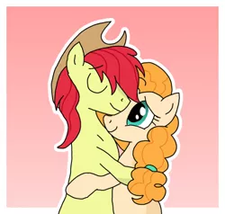 Size: 491x467 | Tagged: safe, artist:manulis, derpibooru import, bright mac, pear butter, earth pony, pony, the perfect pear, brightbutter, cowboy hat, cute, eyes closed, female, gradient background, hat, hug, love, male, mare, shipping, smiling, stallion, stetson, straight