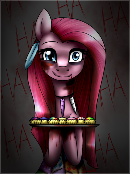 Size: 769x1025 | Tagged: semi-grimdark, artist:lada03, derpibooru import, pinkie pie, earth pony, pony, fanfic:cupcakes, blood, cupcake, female, food, looking at you, mare, pinkamena diane pie, rainbow cupcake, smiling, solo, tray