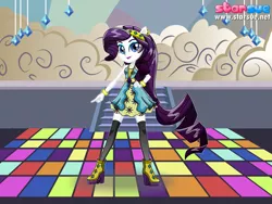 Size: 800x600 | Tagged: safe, artist:user15432, derpibooru import, rarity, dance magic, equestria girls, spoiler:eqg specials, advertisement, clothes, dance floor, ear piercing, earring, jewelry, piercing, ponied up, pony ears, solo, starsue, wondercolts