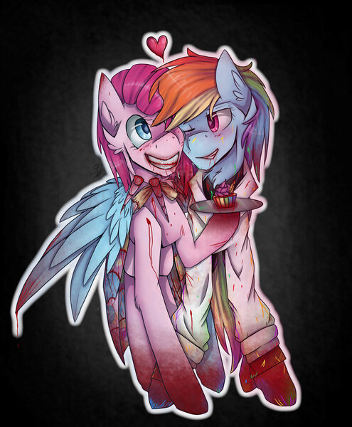 Size: 1024x1241 | Tagged: semi-grimdark, artist:starsketchmeh, derpibooru import, pinkie pie, rainbow dash, earth pony, pegasus, pony, fanfic:cupcakes, fanfic:rainbow factory, black background, blood, chest fluff, clothes, cupcake, cupcake pinkie, cute, cutie mark dress, ear fluff, female, floating heart, food, hair over one eye, heart, heart eyes, horn, hug, lab coat, lesbian, looking at each other, mare, one eye closed, open mouth, pinkadash, pinkamena diane pie, pinkiedash, rainbow blood, rainbow cupcake, rainbow factory dash, shipping, simple background, smiling, spectra, tray, unicorn horns, wingding eyes, winghug, wings, wink