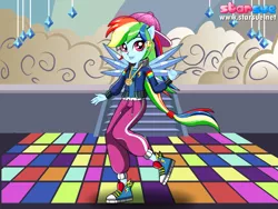 Size: 800x600 | Tagged: safe, artist:user15432, derpibooru import, rainbow dash, dance magic, equestria girls, spoiler:eqg specials, advertisement, clothes, converse, crystal wings, dance floor, dressup, ear piercing, earring, hat, jewelry, pegasus wings, piercing, ponied up, pony ears, rapper dash, shoes, sneakers, solo, starsue, winged humanization, wings, wondercolts