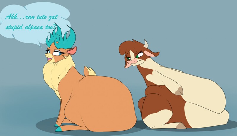 Size: 1280x737 | Tagged: questionable, artist:astr0zone, derpibooru import, arizona cow, velvet reindeer, cow, deer, reindeer, them's fightin' herds, annoyed, ass, cloven hooves, community related, duo, duo female, fat, female, huge butt, impossibly large butt, large butt, morbidly obese, obese, speech bubble, the ass was fat, weight gain