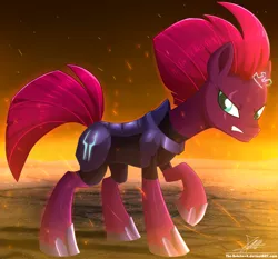 Size: 1871x1742 | Tagged: safe, artist:the-butch-x, derpibooru import, tempest shadow, pony, unicorn, my little pony: the movie, armor, broken horn, electricity, eye scar, female, hoof shoes, horn, mare, raised hoof, scar, signature, solo, sparking horn