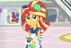 Size: 6000x4000 | Tagged: safe, artist:spottedlions, derpibooru import, sunset shimmer, puffer fish, eqg summertime shorts, equestria girls, good vibes, absurd resolution, alternate hairstyle, apron, bag, canterlot mall, clothes, cute, dress, female, happi, indoors, shimmerbetes, smiling, solo, sunset sushi, uniform