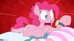 Size: 2560x1440 | Tagged: safe, artist:rupertbluefox, derpibooru import, pinkie pie, earth pony, pony, series:30 dayz of pinks, bed, female, late, mare, messy mane, pillow, prone, red background, shocked, simple background, solo, watch