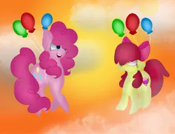 Size: 2500x1920 | Tagged: safe, artist:littlelynxs04, derpibooru import, apple bloom, pinkie pie, pony, balloon, cloud, floating, then watch her balloons lift her up to the sky