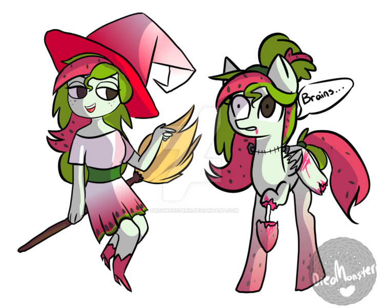 Size: 1024x820 | Tagged: semi-grimdark, artist:oreomonsterr, derpibooru import, oc, oc:watermelana, unofficial characters only, pony, zombie, equestria girls, amputee, blood, broom, cut, flying, flying broomstick, freckles, gradient hooves, halloween, hat, holiday, missing limb, self ponidox, simple background, solo, transparent background, watermark, witch, witch hat