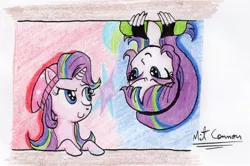 Size: 1836x1220 | Tagged: safe, artist:mitconnors, derpibooru import, starlight glimmer, human, pony, unicorn, equestria girls, accessory theft, beanie, duo, hat, human ponidox, inktober, inktober 2017, looking at each other, self ponidox, traditional art