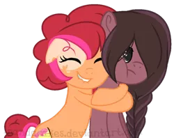 Size: 694x551 | Tagged: safe, artist:ipandacakes, derpibooru import, oc, oc:chimi cherry cheesecake, oc:humor mimi pie, unofficial characters only, earth pony, pony, female, hug, mare, offspring, parent:cheese sandwich, parent:pinkie pie, parents:cheesepie, simple background, sisters, transparent background