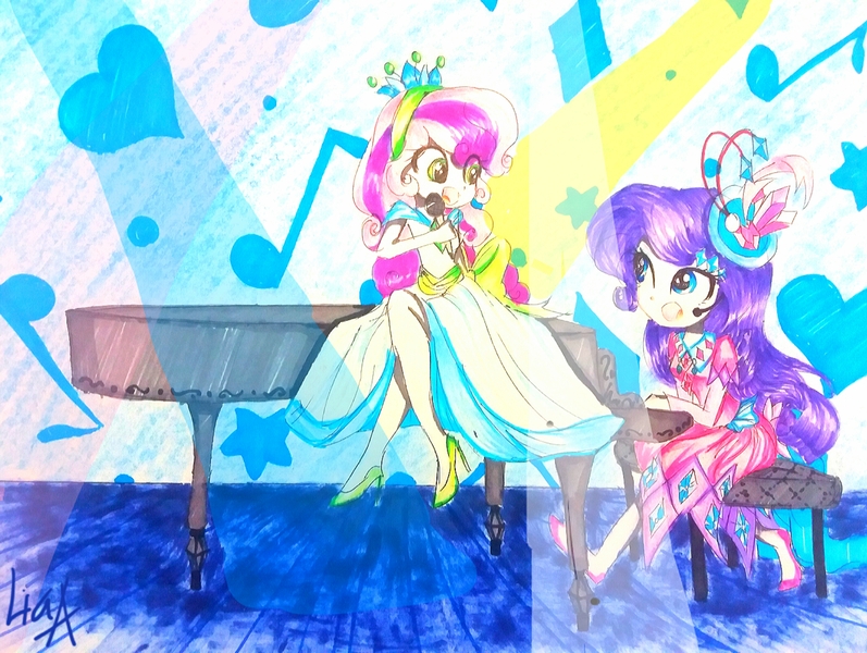 Size: 2813x2117 | Tagged: safe, artist:liaaqila, derpibooru import, rarity, sweetie belle, equestria girls, clothes, commission, concert, dress, duo, female, flower, flower in hair, gala dress, microphone, piano, singing, sisters