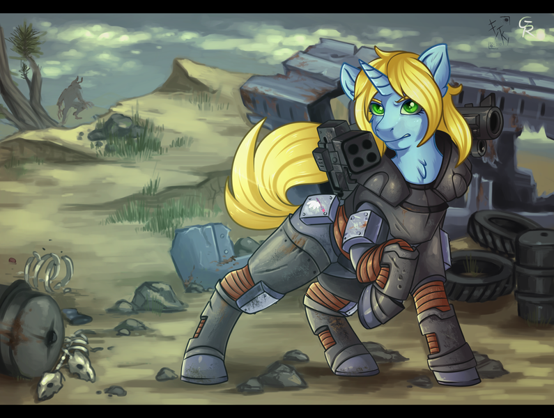 Size: 2121x1600 | Tagged: safe, artist:fkk, derpibooru import, oc, oc:art's desire, unofficial characters only, deathclaw, pony, unicorn, fallout equestria, armor, fallout, female, image, looking at you, mare, png, power armor, raised hoof, solo, x-01 power armor