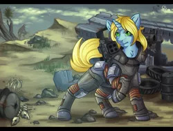 Size: 2121x1600 | Tagged: safe, artist:fkk, derpibooru import, oc, oc:art's desire, unofficial characters only, deathclaw, pony, unicorn, fallout equestria, armor, fallout, female, image, looking at you, mare, png, power armor, raised hoof, solo, x-01 power armor