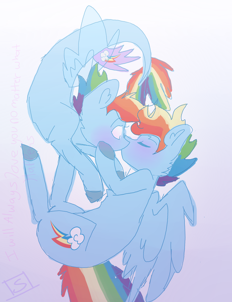 Size: 1000x1300 | Tagged: safe, artist:shinningblossom12, derpibooru import, rainbow dash, pegasus, pony, seapony (g4), my little pony: the movie, colored hooves, dashblitz, female, kissing, male, rainbow blitz, rule 63, seaponified, seapony rainbow dash, self ponidox, selfcest, shipping, simple background, species swap, stallion, straight, white background, wide eyes