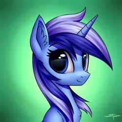 Size: 3000x3000 | Tagged: safe, artist:setharu, derpibooru import, minuette, pony, unicorn, bust, chest fluff, ear fluff, eye reflection, female, gradient background, looking at you, mare, portrait, reflection, signature, smiling, solo