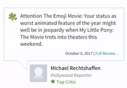 Size: 773x535 | Tagged: safe, derpibooru import, my little pony: the movie, attention whorse, clickbait, drama, drama bait, hollywood reporter, image, jpeg, michael rechtshaffen, movie drama, review, rotten tomatoes, seems legit, text, the emoji movie