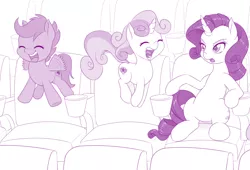 Size: 1176x800 | Tagged: safe, artist:dstears, derpibooru import, rarity, scootaloo, sweetie belle, pegasus, pony, unicorn, cinema, cute, cutealoo, diasweetes, female, jumping