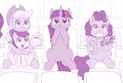 Size: 1176x800 | Tagged: safe, artist:dstears, derpibooru import, apple bloom, applejack, pinkie pie, twilight sparkle, twilight sparkle (alicorn), alicorn, earth pony, pony, cinema, cowboy hat, female, food, hat, mare, monochrome, popcorn, sisters, starry eyes, wingding eyes