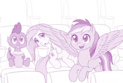 Size: 1176x800 | Tagged: safe, artist:dstears, derpibooru import, fluttershy, rainbow dash, spike, dragon, pegasus, pony, cinema, drink, female, male, mare