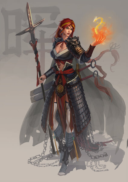 Size: 1024x1449 | Tagged: armor, artist:sunset tide, chains, chinese text, cloak, clothes, derpibooru import, dragon, elf ears, fantasy class, female, fiery shimmer, fire, human, humanized, magic, pike, pyromancy, safe, samurai armor, solo, spear, staff, sunset shimmer, sword, unicorns as elves, weapon, wizard