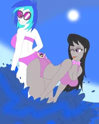 Size: 1700x2134 | Tagged: suggestive, artist:final7darkness, derpibooru import, octavia melody, vinyl scratch, oc, human, 1000 hours in ms paint, ass, bra, breasts, busty octavia, busty vinyl scratch, canon x oc, cleavage, clothes, female, giantess, humanized, lucky bastard, macro, male, micro, ocean, one eye closed, straight, sunglasses, swimsuit, tongue out, underwear, wink