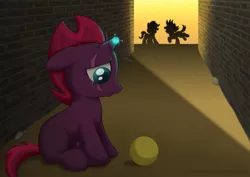 Size: 1200x849 | Tagged: safe, artist:littlehybridshila, derpibooru import, fizzlepop berrytwist, tempest shadow, pony, my little pony: the movie, broken horn, eye scar, female, filly, sad, scar, silhouette, younger