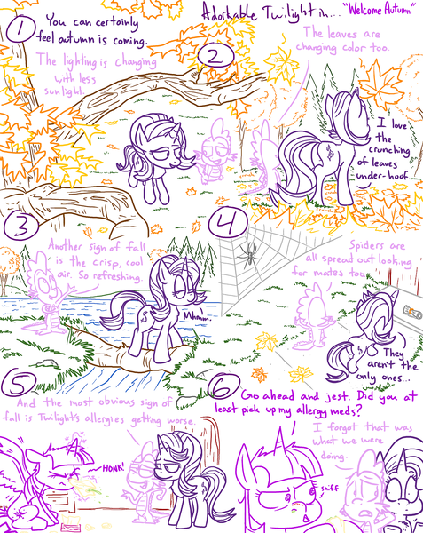 Size: 1280x1611 | Tagged: safe, artist:adorkabletwilightandfriends, derpibooru import, spike, starlight glimmer, twilight sparkle, twilight sparkle (alicorn), alicorn, dragon, pony, comic:adorkable twilight and friends, above, adorkable twilight, allergies, autumn, comic, forest, leaves, lineart, nose blowing, perspective, plot, river, slice of life, snot, tissue, top down, tree