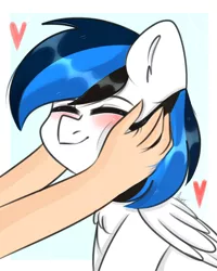 Size: 4000x5000 | Tagged: safe, artist:pesty_skillengton, derpibooru import, oc, oc:waver, unofficial characters only, pegasus, pony, blushing, cheek squish, cute, eyes closed, hand, heart, offscreen character, petting, simple background, squishy cheeks, white background, ych result