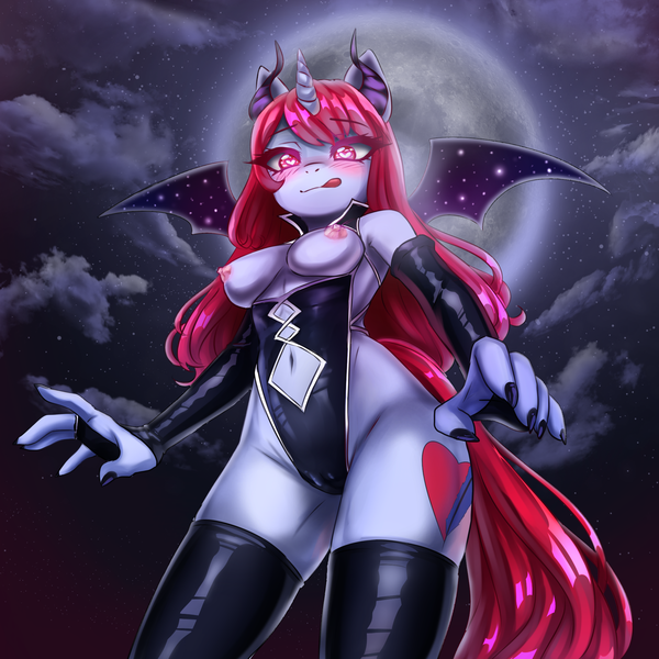 Size: 2000x2000 | Tagged: questionable, artist:di-dash, artist:monanniverse, derpibooru import, oc, oc:mona, unofficial characters only, alicorn, anthro, bat pony, bat pony alicorn, succubus, bat wings, belly button, blushing, breastless clothes, breasts, cameltoe, clothes, commission, female, gloves, glowing eyes, halloween, heart eyes, holiday, horns, latex, licking, licking lips, mare, nail polish, nipples, nudity, partial nudity, socks, solo, solo female, stockings, thigh highs, tongue out, wingding eyes, ych result