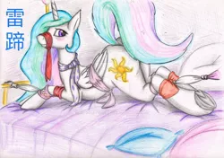 Size: 1024x720 | Tagged: suggestive, artist:spiritdrag, derpibooru import, princess celestia, alicorn, pony, bed, bedpost, blushing, bondage, bound wings, caught, cloth gag, clothes, female, femsub, frog (hoof), gag, mare, muzzle gag, pillow, scarf, scarves, self bondage, solo, solo female, sublestia, submissive, tied up, underhoof, watermark